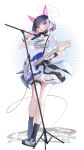  1girl absurdres amejaga animal_ears belt black_choker black_hair black_jacket black_mask blue_archive cat_ears choker clothes_around_waist colored_inner_hair electric_guitar extra_ears guitar halo highres holding holding_guitar holding_instrument holding_microphone_stand instrument jacket jacket_around_waist kazusa_(band)_(blue_archive) kazusa_(blue_archive) mask mask_pull microphone_stand mouth_mask multicolored_hair official_alternate_costume pink_halo pleated_skirt red_eyes shirt skirt solo surgical_mask thigh_belt thigh_strap white_shirt white_skirt 