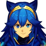  1girl animal_ears artist_name blue_eyes blue_hair brand_of_the_exalt cat_ears closed_mouth english_commentary fire_emblem fire_emblem_awakening hair_between_eyes highres long_hair looking_at_viewer lucina_(fire_emblem) sidelocks smgold smile solo symbol_in_eye tiara turtleneck upper_body white_background 