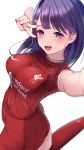  1girl :d azur_lane blue_eyes commission ex_saki highres liverpool_(azur_lane) liverpool_fc looking_at_viewer name_connection nike_(company) pixiv_commission premier_league purple_hair selfie simple_background smile soccer_uniform sportswear v_over_eye white_background 