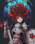  1girl alternate_costume armor armored_dress black_hairband bob_cut breastplate cape closed_mouth cowboy_shot english_commentary flower gauntlets gloves hair_ornament hairband highres holding holding_sword holding_weapon knight megadeus_mommy pauldrons r_dorothy_wayneright red_hair rose shield short_hair shoulder_armor solo stained_glass sword the_big_o upper_body weapon 