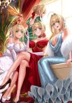 4girls absurdres ahoge alcohol backlighting bare_shoulders blonde_hair blush braid breasts brooch choker cleavage crossed_legs crown cup dragon_tail dress drinking_glass elbow_gloves facial_mark fate/grand_order fate_(series) feather_boa french_braid gloves green_dress green_eyes hair_bun hair_intakes hair_ribbon high_heels highres jewelry large_breasts long_hair looking_at_viewer looking_back multiple_girls multiple_persona nero_claudius_(bride)_(fate) nero_claudius_(fate) nero_claudius_(fate/extra) nero_claudius_(swimsuit_caster)_(fate) nero_claudius_(swimsuit_caster)_(third_ascension)_(fate) open_mouth pointy_ears queen_draco_(fate) red_dress red_eyes red_ribbon revision ribbon silver_dress sitting small_breasts smile tail white_dress white_gloves white_ribbon window wine wine_glass yayoi_maka 