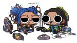 2girls annoyed apex_legends artist_name black_hair blonde_hair blue_hair cable cartoonized chibi conduit_(apex_legends) country_connection crossed_legs crossover d.o.c._health_drone dark-skinned_female dark_skin english_commentary freckles hack_(apex_legends) hair_behind_ear highres jumper_cable lightning_bolt_symbol miyan_(oceanmaiden) multicolored_hair multiple_girls neon_(valorant) non-humanoid_robot philippines power_cord robot shadow sitting streaked_hair toon_(style) two_side_up valorant white_background 