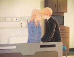  1boy 1girl 2_(tsvf3235) bed black_shirt blonde_hair blue_pajamas brother_and_sister chair closed_eyes closed_mouth hospital_bed incest long_hair multicolored_hair open_mouth pajamas pillow pink_hair project_sekai red_hair school_uniform shelf shirt short_hair siblings sitting tenma_saki tenma_tsukasa yellow_eyes 