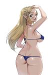  1girl arm_up ass bikini blonde_hair blue_bikini blush braid breasts commentary_request cowboy_shot crown_braid green_eyes hair_ornament hairclip large_breasts long_hair looking_at_viewer looking_back monbetsu_kuniharu pointy_ears princess_zelda sideboob simple_background smile solo standing swimsuit teeth the_legend_of_zelda the_legend_of_zelda:_breath_of_the_wild thick_eyebrows upper_teeth_only white_background 