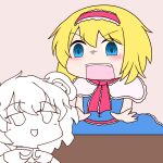  2girls :d alice_margatroid angry animal_ears animated animated_gif blinking blonde_hair blue_dress blue_eyes blush capelet commentary_request cookie_(touhou) desk_slam dress frilled_capelet frilled_hairband frilled_necktie frills grey_background hairband highres ichigo_(cookie) looking_at_another looping_animation mouse_ears mouse_girl multiple_girls nazrin necktie nyon_(cookie) open_mouth pink_hairband pink_necktie pink_sash sash short_hair simple_background smile touhou turn_pale upper_body v-shaped_eyebrows white_capelet y75zei 