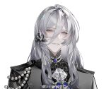  1boy alternate_costume ascot ban_tang_siji_qing black_capelet black_shirt blue_gemstone brooch cael_anselm capelet fish_bone gem glint grey_hair hair_between_eyes hair_ornament jewelry lace lace_shirt long_bangs long_hair long_sleeves looking_at_viewer lovebrush_chronicles male_focus necklace parted_lips pearl_(gemstone) pearl_necklace purple_eyes red_pupils shirt simple_background smile solo upper_body weibo_logo weibo_watermark white_ascot white_background 