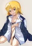  1girl between_legs blonde_hair bra breasts brown_eyes cagalli_yula_athha cleavage collarbone grey_background gundam gundam_seed hair_between_eyes hand_between_legs highres jacket medium_hair navel open_clothes open_jacket open_mouth simple_background small_breasts solo straight_hair tomatoma_(tomatomato) underwear white_bra 