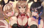  3girls animal_ears black_hair blonde_hair blue_eyes blush bow bowtie braid breast_press breasts brown_hair bunny_garden buttons cleavage double-breasted fake_animal_ears flower gradient_hair green_eyes hair_flower hair_ornament highres huge_breasts kana_(bunny_garden) large_breasts looking_at_viewer miuka_(bunny_garden) multicolored_hair multiple_girls necktie open_mouth pink_eyes rabbit_ears rin_(bunny_garden) short_hair side_ponytail skirt twin_braids two-tone_hair vest yamacchi yellow_bow yellow_bowtie yellow_skirt 