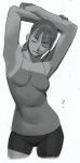  1girl absurdres armpits arms_up bare_shoulders bike_shorts breasts camisole closed_eyes collarbone covered_navel greyscale highres long_hair monochrome noobboy_02 original simple_background solo spaghetti_strap standing 