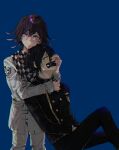  2boys absurdres ahoge black_hair blue_background blush checkered_clothes checkered_scarf closed_mouth commentary_request danganronpa_(series) danganronpa_v3:_killing_harmony deha_(dayhi_210916) flipped_hair gag hair_between_eyes highres hug hug_from_behind improvised_gag jacket knee_up long_sleeves looking_at_viewer male_focus multiple_boys oma_kokichi own_hands_together pants pinstripe_pattern pinstripe_suit profile purple_eyes purple_hair saihara_shuichi scarf short_hair sidelighting sitting smile standing straitjacket striped_clothes striped_jacket striped_pants suit tape tape_gag yaoi yellow_eyes 
