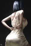  1girl alternate_costume ass back back_muscles black_background black_hair blue_hair breasts contrapposto cropped_legs dated foreshortening hands_on_own_back highres holocouncil hololive hololive_english large_breasts nightgown ouro_kronii sideboob signature steb virtual_youtuber white_nightgown 