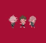  1girl 2boys ;3 ahoge animal_bag animal_ear_hood backpack bag black_pants black_thighhighs blunt_bangs blush_stickers bright_pupils brown_hair brown_skirt chibi closed_mouth collared_shirt colored_tips danganronpa_(series) danganronpa_2:_goodbye_despair double-parted_bangs eyelashes finger_to_cheek full_body green_eyes green_jacket green_necktie green_pupils green_sleeves grey_footwear grey_shirt hand_in_pocket handheld_game_console highres hinata_hajime holding holding_handheld_game_console hood hood_down hooded_jacket jacket komaeda_nagito light_frown long_sleeves mary_janes medium_hair messy_hair mimulishizi miniskirt multicolored_hair multiple_boys nanami_chiaki necktie one_eye_closed open_clothes open_jacket open_mouth pants pink_bag pink_eyes pink_footwear pink_hair pink_pupils playing_games pointing pointing_at_viewer red_background shirt shoes short_sleeves simple_background skirt smile sneakers thighhighs v-shaped_eyebrows white_footwear white_hair white_shirt white_sleeves 