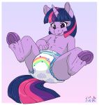  ageplay anthro anthrofied chest_tuft clean_diaper clothed clothing diaper diaper_only equid equine female flat_chested friendship_is_magic hasbro hi_res hooves horn infantilism legs_up looking_at_diaper lying mammal my_little_pony mythological_creature mythological_equine mythology on_back pattern_diaper purple_eyes rainbow_diaper roleplay solo spread_legs spreading stargal_galexi tail topless touching_diaper tuft twilight_sparkle_(mlp) unicorn 