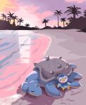 closed_eyes closed_mouth commentary_request highres lapras lying no_humans on_stomach outdoors palm_tree piplup pokemon pokemon_(creature) revision sand shore silhouette sky sleeping smile tomozo_(muginosukejr) tree water 