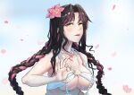  1girl absurdres arm_at_side bare_arms black_hair blush braid breasts chest_tattoo commentary falling_petals fate/grand_order fate_(series) flower forehead_tattoo hair_flower hair_ornament hand_up highres jewelry l3lacky623 large_breasts long_hair looking_at_viewer mudra multicolored_hair necklace open_mouth parted_bangs pearl_necklace petals pink_hair sessyoin_kiara sessyoin_kiara_(swimsuit_mooncancer) sessyoin_kiara_(swimsuit_mooncancer)_(first_ascension) shell shell_necklace smile solo streaked_hair tattoo teeth third-party_source twin_braids underboob upper_body upper_teeth_only vitarka_mudra wet yellow_eyes 