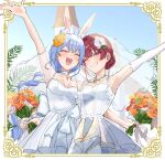  2girls animal_ear_fluff animal_ears blue_hair blush bouquet braid braided_ponytail breasts bridal_veil bride dress flower heterochromia highres holding holding_bouquet hololive houshou_marine jewelry long_hair mature_female multicolored_hair multiple_girls open_mouth pekomama rabbit_ears rabbit_girl red_eyes red_hair shino_12a short_eyebrows thick_eyebrows veil virtual_youtuber wedding_dress white_dress white_hair yellow_eyes 