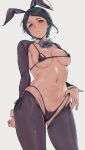  1girl alp ass_visible_through_thighs bikini black_bikini black_hair black_pantyhose blue_bow blue_bowtie blue_eyes blue_hair bow bowtie breasts closed_mouth colored_inner_hair commentary crotchless crotchless_pantyhose detached_collar embarrassed female_pubic_hair grey_background gundam gundam_suisei_no_majo highleg highleg_bikini highres large_breasts looking_at_viewer meme_attire multicolored_hair navel nika_nanaura pantyhose parted_bangs pubic_hair pubic_hair_peek reverse_bunnysuit reverse_outfit short_hair shrug_(clothing) solo string_bikini swimsuit symbol-only_commentary white_wrist_cuffs wrist_cuffs 