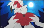 anthro anus balls canid canine forest full_moon generation_7_pokemon genitals graedius_(artist) grin looking_at_viewer lycanroc male mammal midnight_lycanroc moon night nintendo plant pokemon pokemon_(species) sky smile solo star tree