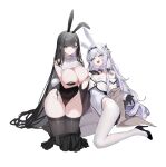  2girls alternate_costume animal_ears black_gloves black_hair black_hairband black_leotard black_skirt black_thighhighs blue_archive breasts bright_pupils cleavage clothes_lift covered_navel detached_collar earclip fake_animal_ears fake_tail flower gloves hair_flower hair_ornament hair_tubes hairband hairclip hairpin halo hand_up high_heels highres himari_(blue_archive) kneeling large_breasts leotard long_hair looking_at_viewer looking_to_the_side mole mole_under_eye multiple_girls ness_(pjw0168) no_halo no_shoes pantyhose playboy_bunny pleated_skirt pointy_ears rabbit_ears rabbit_tail red_eyes rio_(blue_archive) skirt sleeveless sleeveless_sweater strapless strapless_leotard striped_clothes striped_hairband sweater sweater_lift tail thighhighs turtleneck turtleneck_sweater unworn_skirt white_background white_flower white_leotard white_pantyhose white_pupils white_sweater 