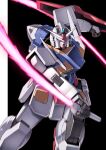  0_gundam absurdres arm_shield beam_saber black_background blue_eyes clenched_hand commentary eye_trail gn_drive gundam gundam_00 highres holding holding_sword holding_weapon light_trail mecha mecha_focus mobile_suit motion_blur no_humans robot science_fiction slashing solo sword takahashi_masaki twisted_torso two-tone_background v-fin weapon white_background 
