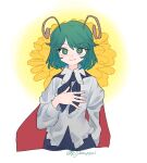  1girl antennae black_cape blush cape closed_mouth collared_shirt commentary_request derivative_work fingernails floral_background flower green_hair hand_on_own_chest highres kijima_(amayadori-tei) long_sleeves looking_at_viewer medium_bangs red_cape redrawn shirt short_hair smile solo touhou twitter_username two-sided_cape two-sided_fabric upper_body white_shirt wriggle_nightbug yellow_flower yellow_pupils 