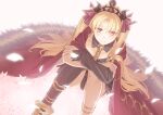  1girl absurdres asymmetrical_sleeves blonde_hair blush bow breasts cloak dress earrings ereshkigal_(fate) fate/grand_order fate_(series) fur-trimmed_cloak fur_trim hair_bow hair_ribbon highres hoop_earrings infinity_symbol jewelry koki_1009 long_hair looking_at_viewer medium_breasts open_mouth parted_bangs red_cloak red_eyes red_ribbon ribbon single_sleeve skull skull_ornament smile solo spine thighhighs tiara two-sided_cloak two-sided_fabric two_side_up very_long_hair yellow_cloak 