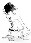  1boy back barefoot belt black_hair blood blood_stain danganronpa_(series) danganronpa_v3:_killing_harmony flipped_hair from_behind full_body greyscale hand_on_own_shoulder highres male_focus monochrome nape oma_kokichi pants seiza short_hair simple_background sitting sketch solo thigh_strap topless_male white_background zai_ya 