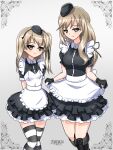  2girls alternate_costume apron arms_behind_back black_dress black_footwear black_hat black_ribbon black_thighhighs boots brown_eyes closed_mouth collared_dress curtsey dated dress earlobe1514366 enmaided frilled_apron frilled_dress frills garrison_cap girls_und_panzer grey_background hair_ribbon half-closed_eyes hat highres knee_boots light_brown_hair long_hair looking_at_viewer low-tied_long_hair maid mother_and_daughter multiple_girls neck_ribbon one_side_up puffy_short_sleeves puffy_sleeves ribbon shimada_arisu shimada_chiyo short_dress short_sleeves side-by-side smile standing striped_clothes striped_thighhighs thighhighs waist_apron white_apron 