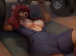 anthro bear big_breasts bodily_fluids breasts brown_body brown_fur clothed clothing coveralls exposed_breasts female fur hair herm_(lore) hi_res lying mammal mechanic on_back opal_(jellydoeopal) open_coveralls partially_clothed red_hair solo sweat sweaty_breasts tools veliren_rey wrench