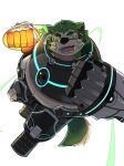 anthro armor belly canid canine canis clothing domestic_dog eyebrows eyewear fur gauntlets gloves goggles green_body green_eyes green_fur handwear hi_res lifewonders live_a_hero male mammal mokdai overweight punch simple_background solo superhero thick_eyebrows toto3_official white_background