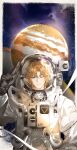  1boy ;) aqua_eyes astronaut black_gloves blonde_hair border curtained_hair gloves hand_up helmet highres jiuchuansi jupiter_(planet) lars_rorschach looking_at_viewer lovebrush_chronicles male_focus official_art one_eye_closed outside_border parted_bangs parted_lips salute short_hair smile solo space space_helmet spacesuit two-finger_salute upper_body weibo_logo weibo_watermark white_border 