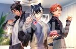  3boys :d ahoge animal_ears aragami_oga belt black_belt black_hair black_jacket black_pants black_shirt black_sweater blurry blurry_background cake cake_slice ceiling_light chain_necklace closed_mouth copyright_notice cowboy_shot cup curtained_hair dark-skinned_male dark_skin demon_horns drink drinking_glass earrings fangs fingernails food fork fruit green_eyes grey_pants grey_sweater hair_between_eyes hair_over_one_eye hand_in_pocket hand_on_own_hip heterochromia holding holding_cup holding_fork holding_lantern holding_plate holostars horns ice ice_cube incoming_food indoors jackal_boy jackal_ears jacket jewelry kageyama_shien lantern long_sleeves looking_at_viewer looking_to_the_side male_focus manomenou mismatched_earrings multicolored_clothes multicolored_hair multicolored_sweater multiple_boys necklace official_art open_clothes open_jacket orange_eyes orange_hair pants parted_bangs parted_lips plant plate purple_eyes purple_sweater sample_watermark sharp_fingernails shirt short_hair single_horn sleeves_past_wrists smile strawberry streaked_hair sweater swept_bangs t-shirt teeth turtleneck two-tone_hair upper_teeth_only v-neck virtual_youtuber watermark whipped_cream white_hair white_shirt yellow_eyes yukoku_roberu 