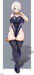  1girl 2b_(nier:automata) absurdres aiuti alternate_costume ass_visible_through_thighs bare_shoulders black_one-piece_swimsuit blush breasts closed_mouth competition_swimsuit covered_navel full_body grey_background groin hair_over_one_eye highleg highleg_swimsuit highres large_breasts looking_at_viewer nier:automata nier_(series) no_blindfold one-piece_swimsuit shiny_clothes short_hair simple_background skindentation smile solo standing swimsuit thigh_gap thighhighs thighs white_hair 