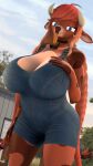 3d_(artwork) 4k absurd_res anthro big_breasts blue_eyes bovid bovine braided_pigtails breasts cattle cleavage clothed clothing digital_media_(artwork) donglysfm female freya_(donglysfm) hair hi_res horn huge_breasts lidded_eyes long_tongue mammal mature_female outside overalls red_hair revamped_anthros slightly_chubby slightly_chubby_female solo source_filmmaker tongue tongue_out 