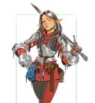  1girl armor belt black_pants border brown_belt brown_hair commentary earrings english_commentary ff69_(ff69x) gauntlets hand_on_own_hip highres holding holding_sword holding_weapon jewelry long_hair looking_at_viewer one_eye_closed original outside_border pants pointy_ears red_pants shoulder_armor single_earring solo standing sword two-tone_pants weapon white_border 