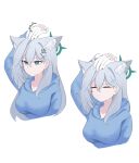  1girl 1other =_= anger_vein animal_ears aqua_eyes blue_archive blue_hoodie cropped_torso disembodied_limb extra_ears grey_hair guided_headpat hand_on_another&#039;s_head highres holding_hands hood hoodie limb looking_ahead mismatched_pupils multiple_views shiroko_(blue_archive) shiroko_terror_(blue_archive) simple_background skyrain315 upper_body white_background wolf_ears 