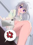  1girl 9-nine- :d ^^^ ahoge anger_vein bare_legs blurry blurry_background blush breasts cellphone commentary dress drooling eyelashes eyes_visible_through_hair feet_out_of_frame foreshortening frilled_dress frills from_below grey_hair hair_between_eyes hair_down happy highres holding holding_phone indoors long_hair looking_at_viewer looking_down medium_breasts mouth_drool niimi_sora open_mouth open_pajamas pajamas phone pinky_out purple_eyes ryu9voice short_dress sidelighting sidelocks single_bare_shoulder sitting sleeveless sleeveless_dress smartphone smile solo spaghetti_strap speech_bubble spoken_anger_vein striped_clothes striped_pajamas surprised sweatdrop thighs wavy_hair white_dress 