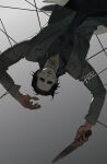  1boy black_hair coat dead_by_daylight holding holding_knife knife looking_at_viewer mask michael_myers psd_(psdgai) solo upside-down 