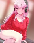  1girl ar-khey bare_legs breasts cleavage crossed_legs headphones highres hololive large_breasts looking_at_viewer mori_calliope nail_polish pink_hair pink_nails red_eyes red_sweater sitting smile sweater virtual_youtuber 
