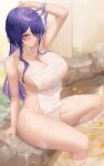  1girl absurdres acheron_(honkai:_star_rail) arm_up blush breasts closed_mouth commentary_request covering_privates hair_over_one_eye highres honkai:_star_rail honkai_(series) laochen large_breasts long_hair looking_at_viewer nude_cover onsen purple_eyes purple_hair sitting solo thighs wet white_towel 
