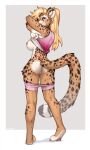absurd_res anthro big_breasts blonde_hair bodily_fluids bottomwear bottomwear_down breasts butt cheetah clothed clothing dripping felid feline female fluffy fluffy_tail genital_fluids genitals hair hi_res looking_at_viewer looking_back looking_back_at_viewer mammal nipple_piercing nipples partially_clothed piercing pink_clothing ponytail pussy pussy_juice_drip rear_view shirt shorts shorts_down solo spuydjeks standing sweat tail tank_top topwear undressing vaginal_fluids