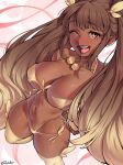  1girl bare_shoulders bikini blonde_hair blush breasts cleavage collarbone dark-skinned_female dark_skin dracksart gold_bikini highres large_breasts long_hair looking_at_viewer lopunny mole mole_under_mouth navel open_mouth personification pink_eyes pokemon pokemon_dppt smile solo swimsuit thick_thighs thighhighs thighs very_dark_skin wide_hips 