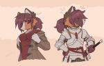  anthro armor breasts canid canine dipfanken dressing_up fangs female frown_eyebrows gambeson hair hi_res looking_at_viewer mammal medieval_armor medium_breasts melee_weapon multicolored_body ponytail simple_background smile solo sword teeth weapon 