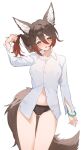  1girl absurdres animal_ears ass_visible_through_thighs black_panties blush breasts brown_hair collared_shirt cowboy_shot fox_ears fox_girl fox_tail gradient_hair green_bracelet green_eyes hair_between_eyes highres honkai:_star_rail honkai_(series) kuqfh legs_together long_bangs looking_at_viewer medium_breasts multicolored_hair navel no_pants nose_blush open_mouth panties partially_unbuttoned shirt sidelocks simple_background solo stomach tail thigh_gap tingyun_(honkai:_star_rail) underwear untying_hair white_background white_shirt 