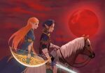  1boy 1girl beret blonde_hair blue_hat bow_of_light bridle brown_horse epona full_moon gloves hat highres holding holding_reins holding_weapon horse horseback_riding master_sword maway moon pointy_ears princess_zelda red_moon reins riding royal_guard_set_(zelda) the_legend_of_zelda the_legend_of_zelda:_breath_of_the_wild the_legend_of_zelda:_twilight_princess weapon white_gloves 