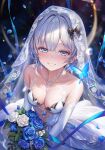  1girl absurdres blue_bow blue_eyes blue_flower blue_gemstone blue_ribbon blue_rose blush bouquet bow breasts bridal_veil cleavage collarbone dress elbow_gloves flower gem gloves grey_hair grin hair_bow hair_intakes highres holding holding_bouquet jewelry kaga_sumire looking_at_viewer medium_breasts medium_hair pendant petals ribbon rose smile solo strapless strapless_dress veil virtual_youtuber vspo! wedding_dress white_dress white_flower white_gloves white_rose yahiro_(heartseek000) 