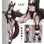  animal_ears black_jacket black_sports_bra brown_hair brown_tail english_commentary fox_ears fox_girl fox_tail gold_necklace high_heels highres jacket jewelry kate-fox looking_at_viewer necklace open_clothes open_jacket original pants real_life slit_pupils sports_bra tail watermark women&#039;s_wallet yellow_eyes 