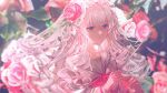  1girl absurdres arcaea blurry blurry_background conductor_baton floating_hair flower hair_between_eyes hair_flower hair_ornament hair_spread_out highres hikari_(arcaea) holding holding_stick long_hair long_sleeves looking_ahead neck_ribbon red_eyes red_flower red_ribbon red_rose ribbon rose sailor_collar school_uniform shirt sidelocks siyrgr solo stick upper_body white_hair white_sailor_collar white_shirt white_veil 