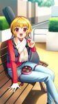  1girl :d bench blonde_hair blue_pants blush brown_hat candy chocolate day denim doukyuusei_another_world food game_cg guitar_case hair_intakes heart heart-shaped_chocolate horiide_mika instrument_case kakyuusei_2 long_sleeves looking_at_viewer official_art open_mouth outdoors pants red_eyes red_sweater scarf short_hair sitting smile solo sweater valentine white_scarf 