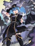  1girl :d alternate_costume black_gloves black_hat black_skirt black_thighhighs blue_eyes blue_hair boots commentary_request falken_(yutozin) gloves hair_bobbles hair_ornament hand_on_own_hip hat highres kawashiro_nitori looking_at_viewer open_mouth puffy_short_sleeves puffy_sleeves revision short_sleeves skirt smile solo standing thigh_boots thighhighs touhou twintails 
